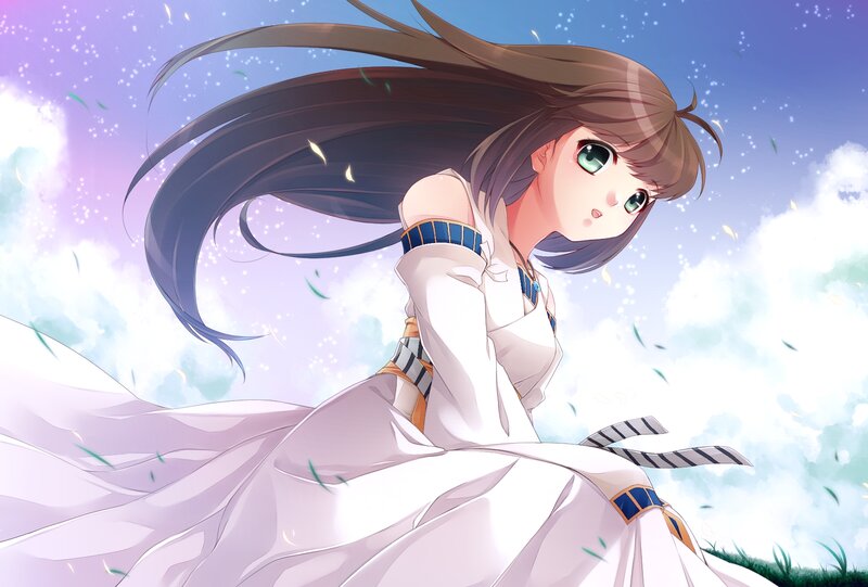 Anime Girl in White Dress — Serene, Afternoon, Long Hair, Clouds