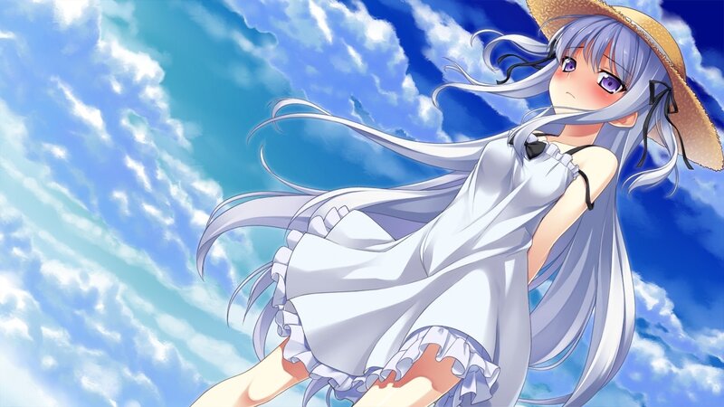 Anime Girl in White Dress — Serene, Afternoon, Straw Hat, Long Hair
