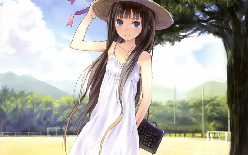 Anime Girl in White Dress — Serene, Afternoon, Straw Hat, Tree, Backpack