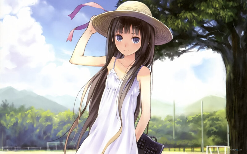 Anime Girl in White Dress — Serene, Afternoon, Straw Hat, Tree
