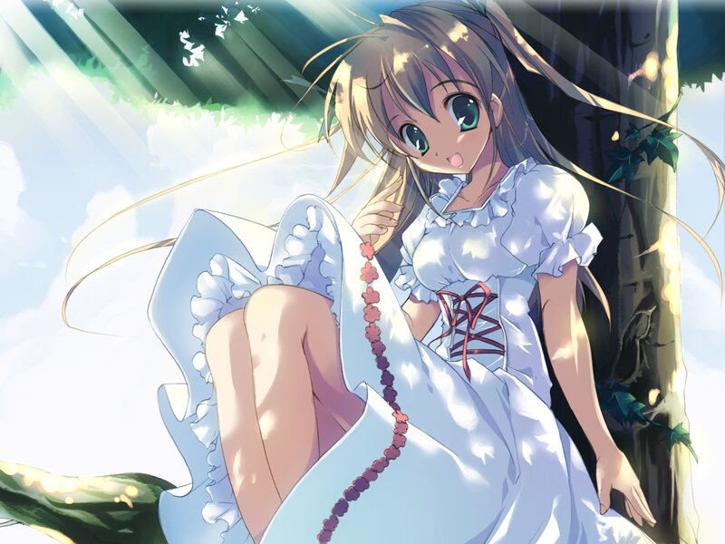 Anime Girl in White Dress — Serene, Afternoon, Tree, Sunlight