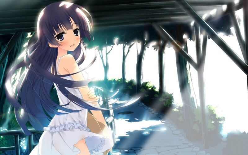 Anime Girl in White Dress — Serene, Afternoon, Trees