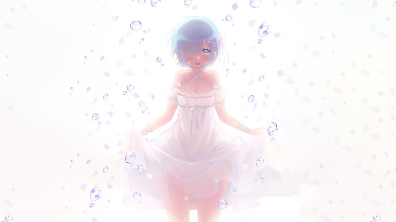 Anime Girl in White Dress — Serene, Digital Art, Bubbles