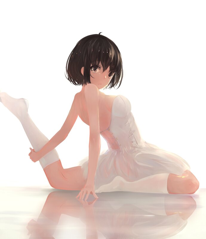 Anime Girl in White Dress — Serene, Digital Art, Reflection