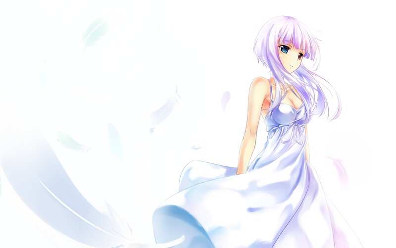 Anime Girl in White Dress — Serene, Feathers