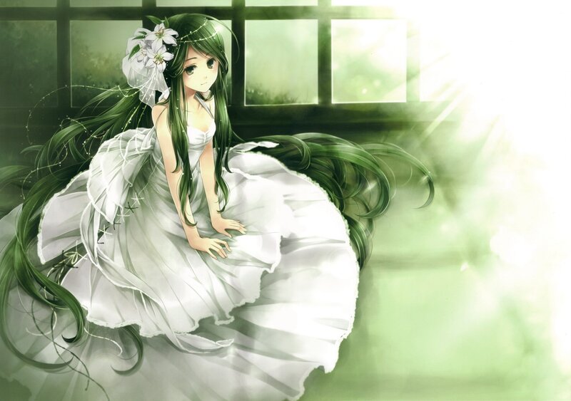 Anime Girl in White Dress — Serene, Morning, Digital Art, Flowers