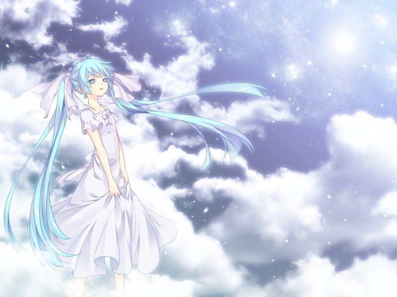 Anime Girl in White Dress — Serene, Night, Clouds