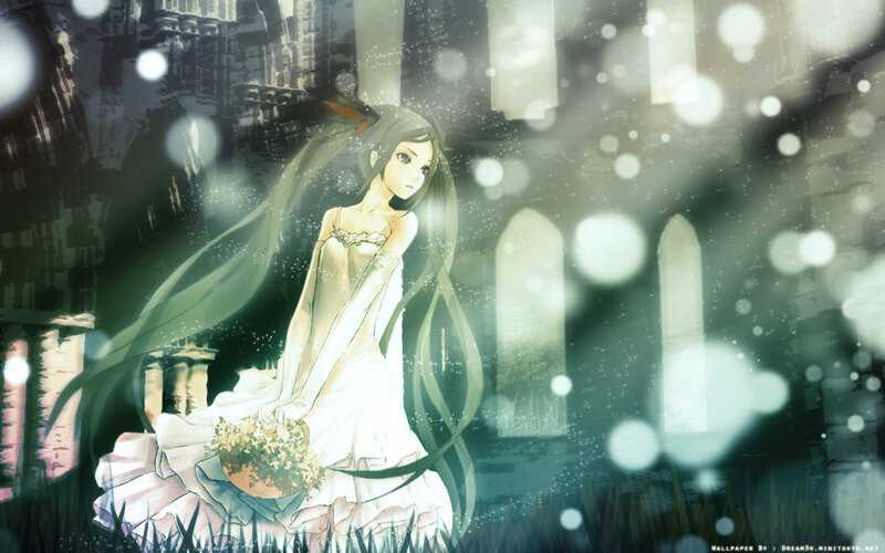 Anime Girl in White Dress — Serene, Night, Digital Art, Flowers, Long Hair, Castle, Green
