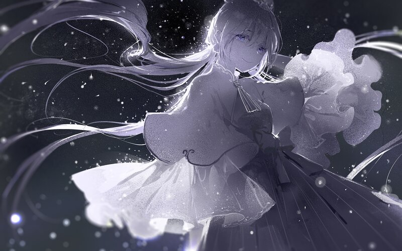 Anime Girl in White Dress — Serene, Night, Digital Art, Long Hair