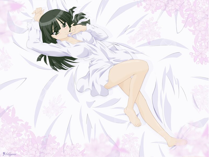Anime Girl in White Dress — Serene, Spring, Cherry Blossoms, Bed