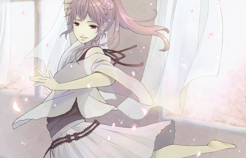 Anime Girl in White Dress — Serene, Spring, Cherry Blossoms, Curtains