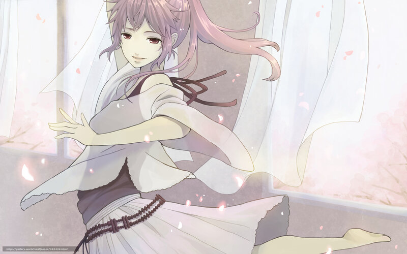 Anime Girl in White Dress — Serene, Spring, Cherry Blossoms, Curtains, Window