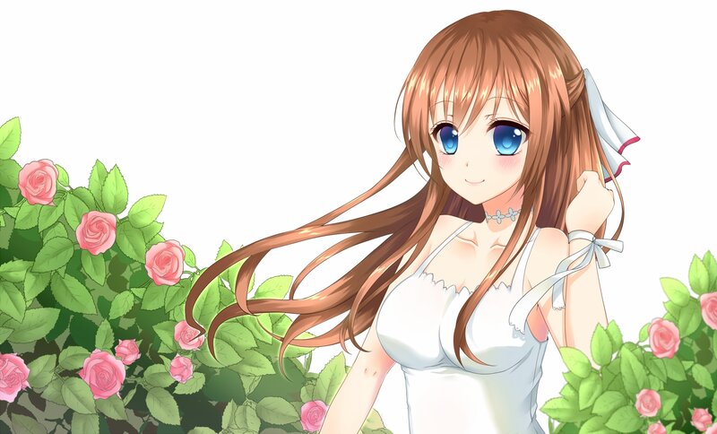 Anime Girl in White Dress — Serene, Spring, Roses