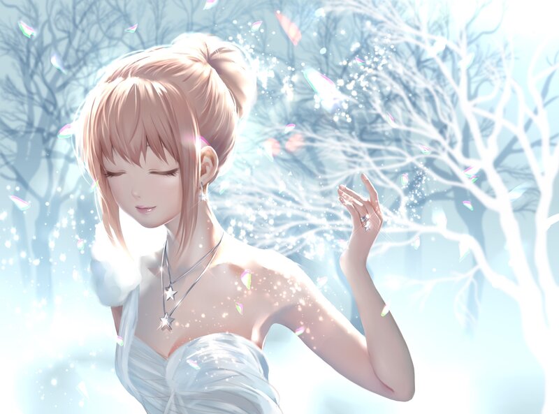 Anime Girl in White Dress — Serene, Winter, Digital Art, Trees