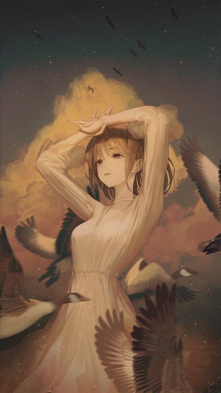 Anime Girl in White Dress — Yellow, Serene, Night