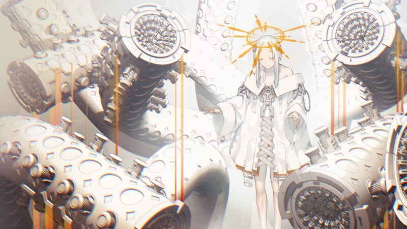 Anime Girl in White Robe — Serene, Digital Art, Mechanical Tentacles