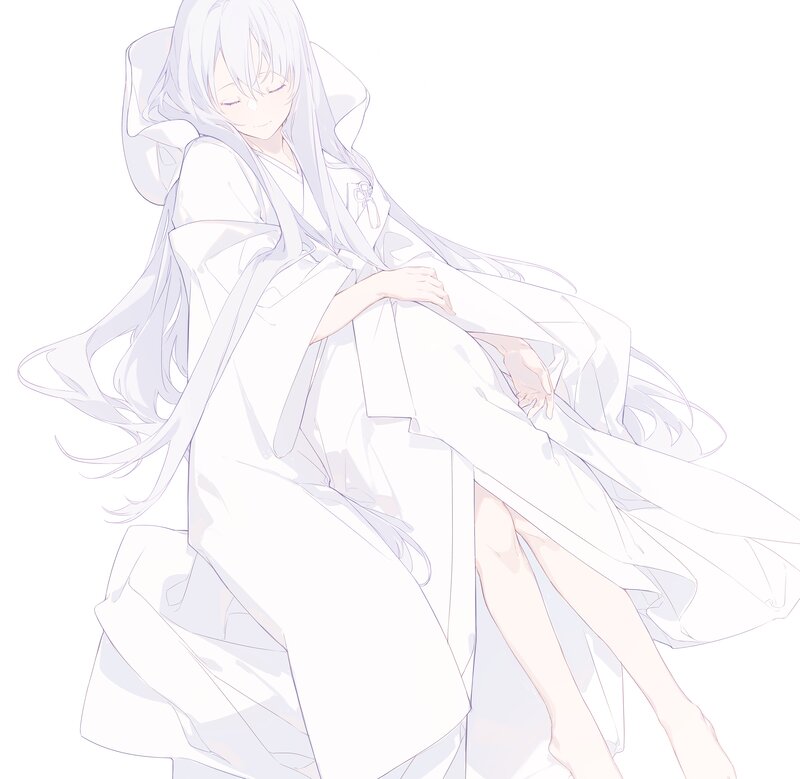 Anime Girl in White Robe — Serene, Long Hair