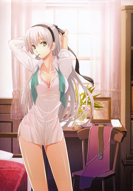Anime Girl in White Shirt — Calm, Morning, Bed