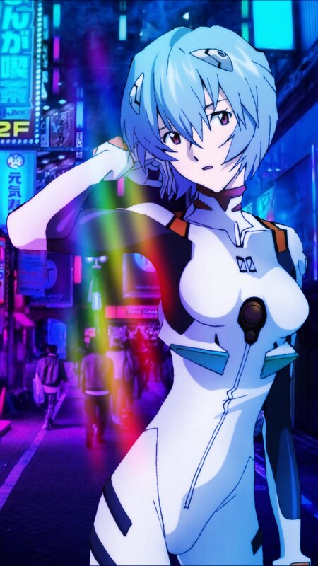 Anime Girl in White Suit — Blue, Dramatic, Night, Neon Signs