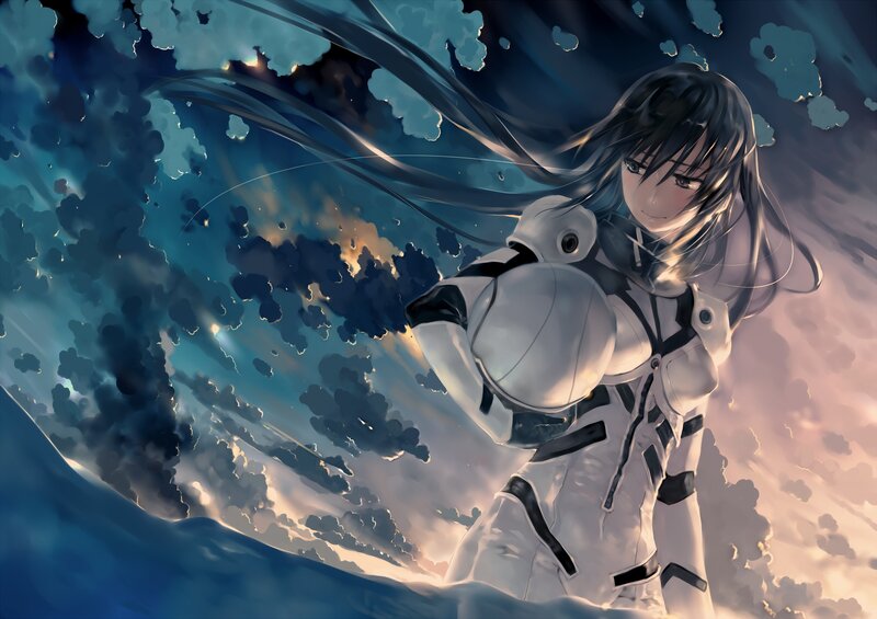 Anime Girl in White Suit — Dramatic, Sunset