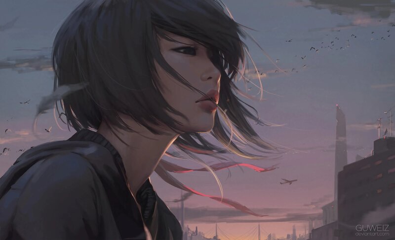 Anime Girl in Wind — Gray