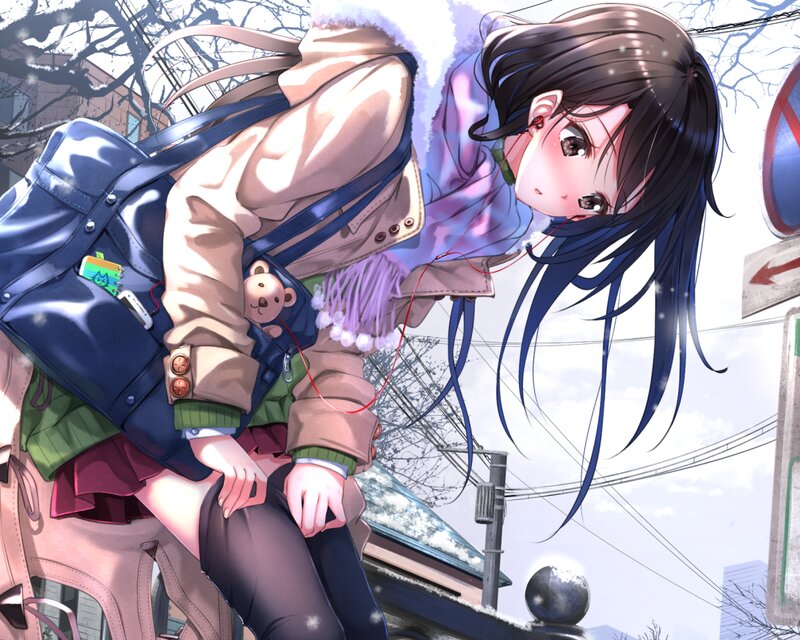 Anime Girl in Winter — Blue, Calm, Digital Art, Backpack