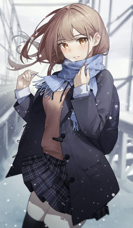 Anime Girl in Winter — Blue, Calm, Digital Art, Scarf