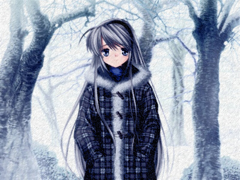 Anime Girl in Winter — Blue, Cold, Digital Art, Trees