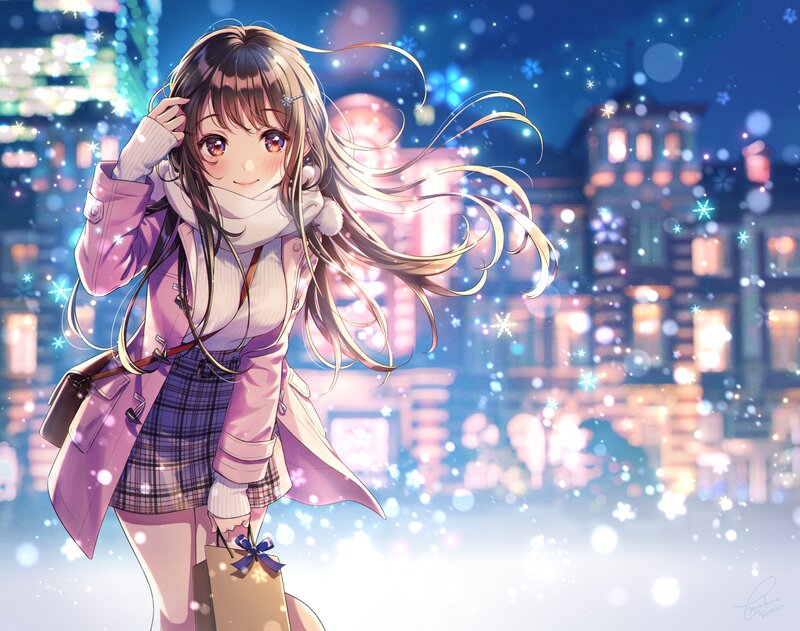 Anime Girl in Winter — Blue, Festive, Night