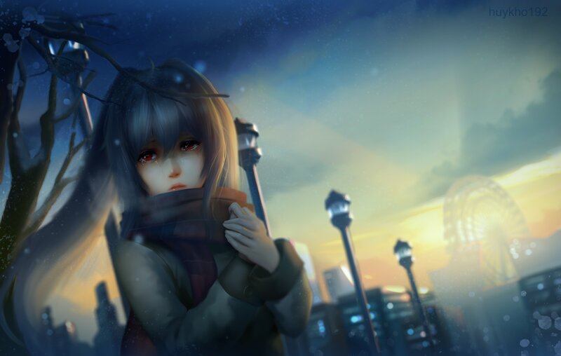 Anime Girl in Winter — Blue, Melancholic, Digital Art