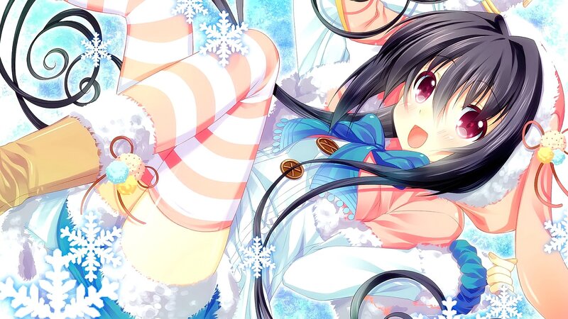 Anime Girl in Winter — Blue, Playful, Snowflakes, Striped Socks