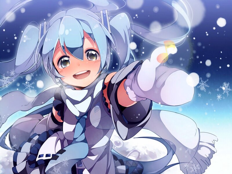 Anime Girl in Winter — Blue, Playful, Snowflakes