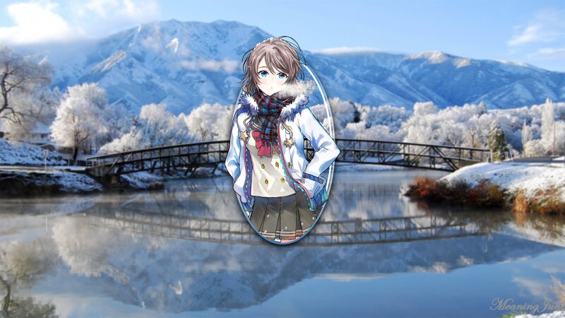 Anime Girl in Winter — Blue, Serene, Digital Art, Mountains, Bridge