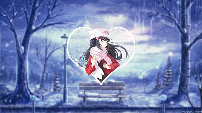 Anime Girl in Winter — Blue, Serene, Digital Art, Snow, Bench