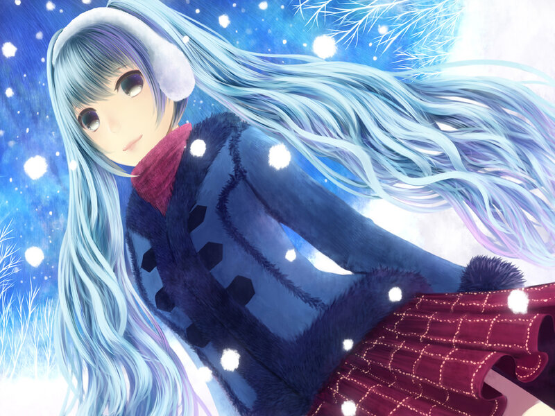 Anime Girl in Winter — Blue, Serene, Digital Art, Snow