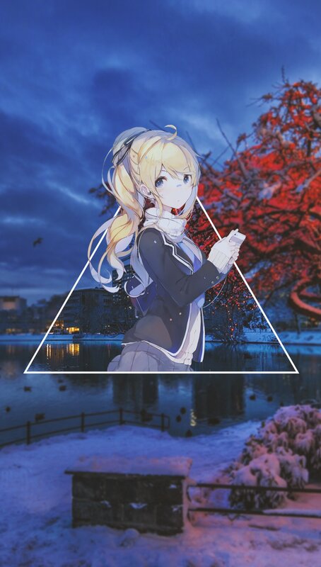 Anime Girl in Winter — Blue, Serene, Digital Art, Snow, Tree