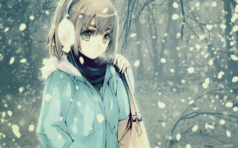 Anime Girl in Winter — Blue, Serene, Digital Art, Snow, Trees