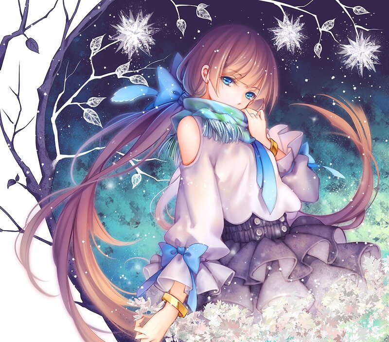 Anime Girl in Winter — Blue, Serene, Digital Art, Snowflakes, Tree Branches
