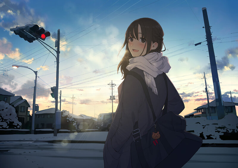 Anime Girl in Winter — Blue, Serene, Digital Art, Traffic Light