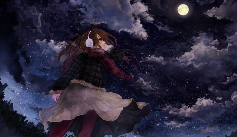 Anime Girl in Winter — Blue, Serene, Night, Digital Art, Moon, Clouds