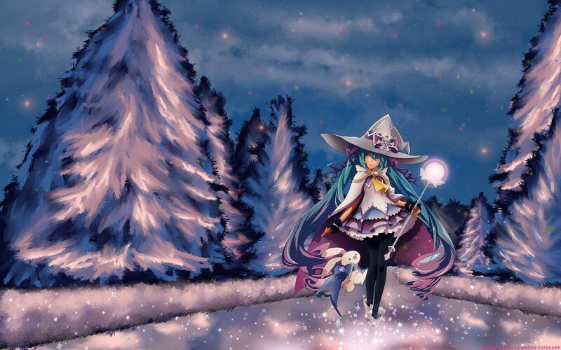 Anime Girl in Winter — Blue, Serene, Night, Digital Art, Snowy Forest