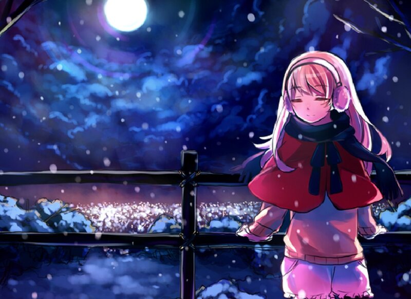 Anime Girl in Winter — Blue, Serene, Night, Digital Art