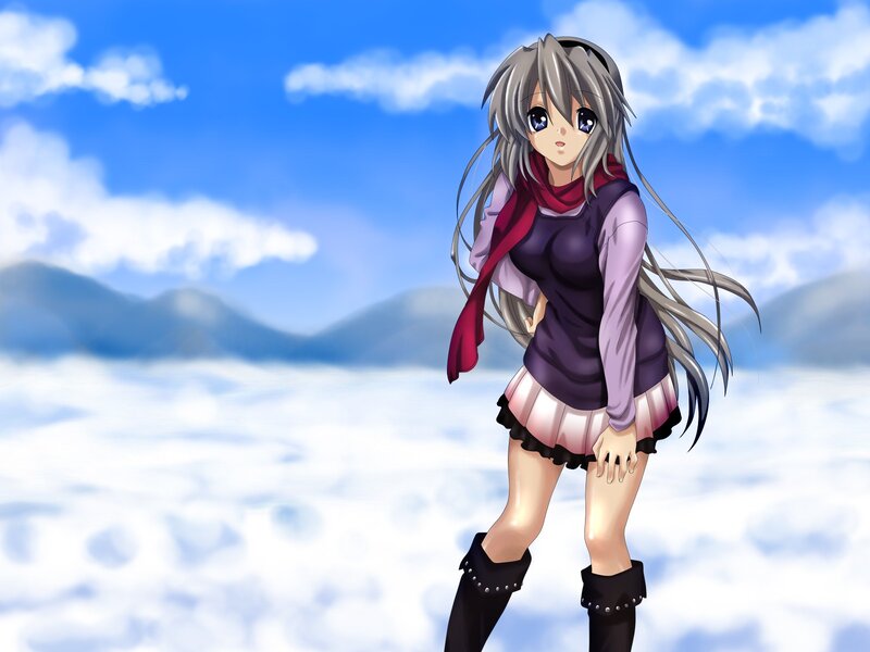 Anime Girl in Winter — Blue, Serene, Scarf, Mountains