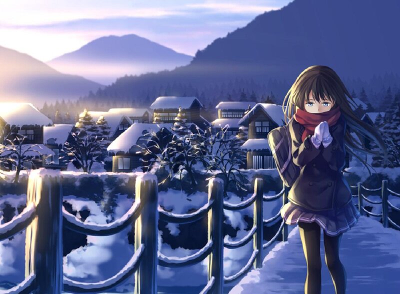 Anime Girl in Winter — Blue, Serene, Snow, Village