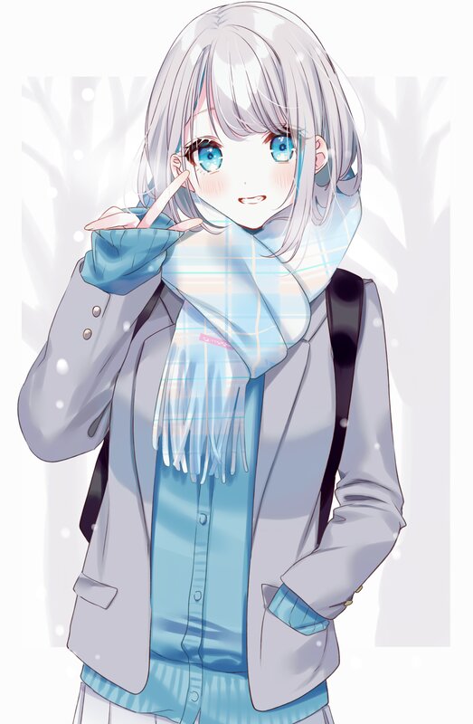 Anime Girl in Winter Clothes — Blue, Calm, Digital Art, Scarf, Backpack