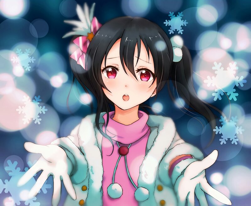Anime Girl in Winter Coat — Blue, Festive, Snowflakes