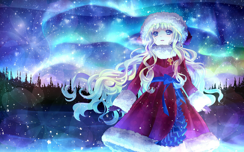 Anime Girl in Winter Coat — Blue, Serene, Night, Digital Art