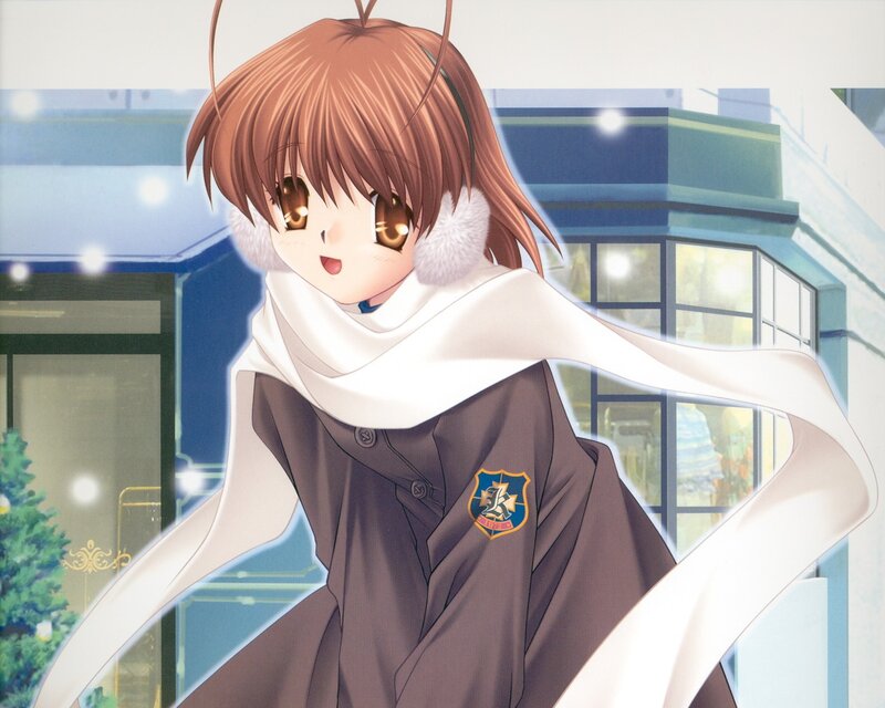 Anime Girl in Winter Coat — Brown, Festive, Scarf