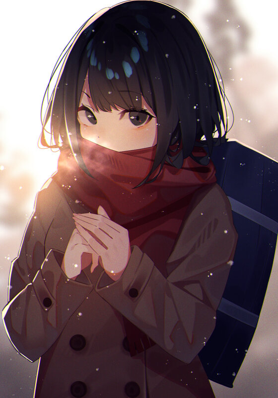 Anime Girl in Winter Coat — Brown, Serene