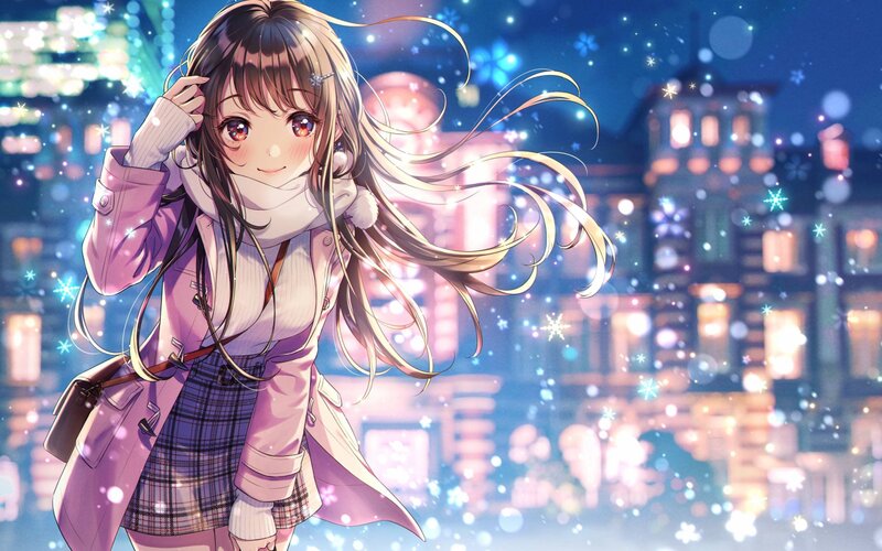 Anime Girl in Winter Coat — Purple, Festive, Night